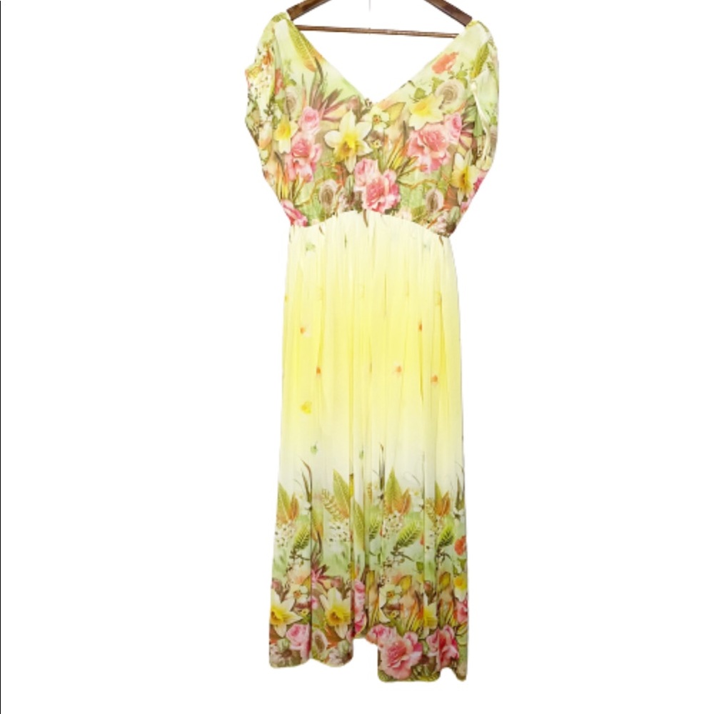 Floral Spring Yellow Flow Maxi Elastic Waist Dress